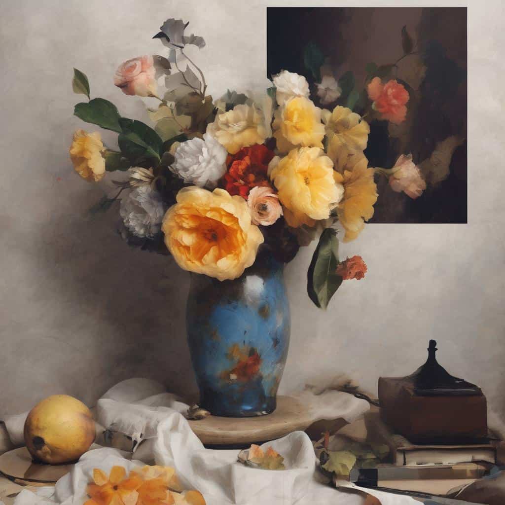 Λουλούδια σε πίνακα με δημιουργική και καινοτόμο τέχνη, έργο σύγχρονης τέχνης στο πλαίσιο της σύγχρονης καλλιτεχνικής έκφρασης.