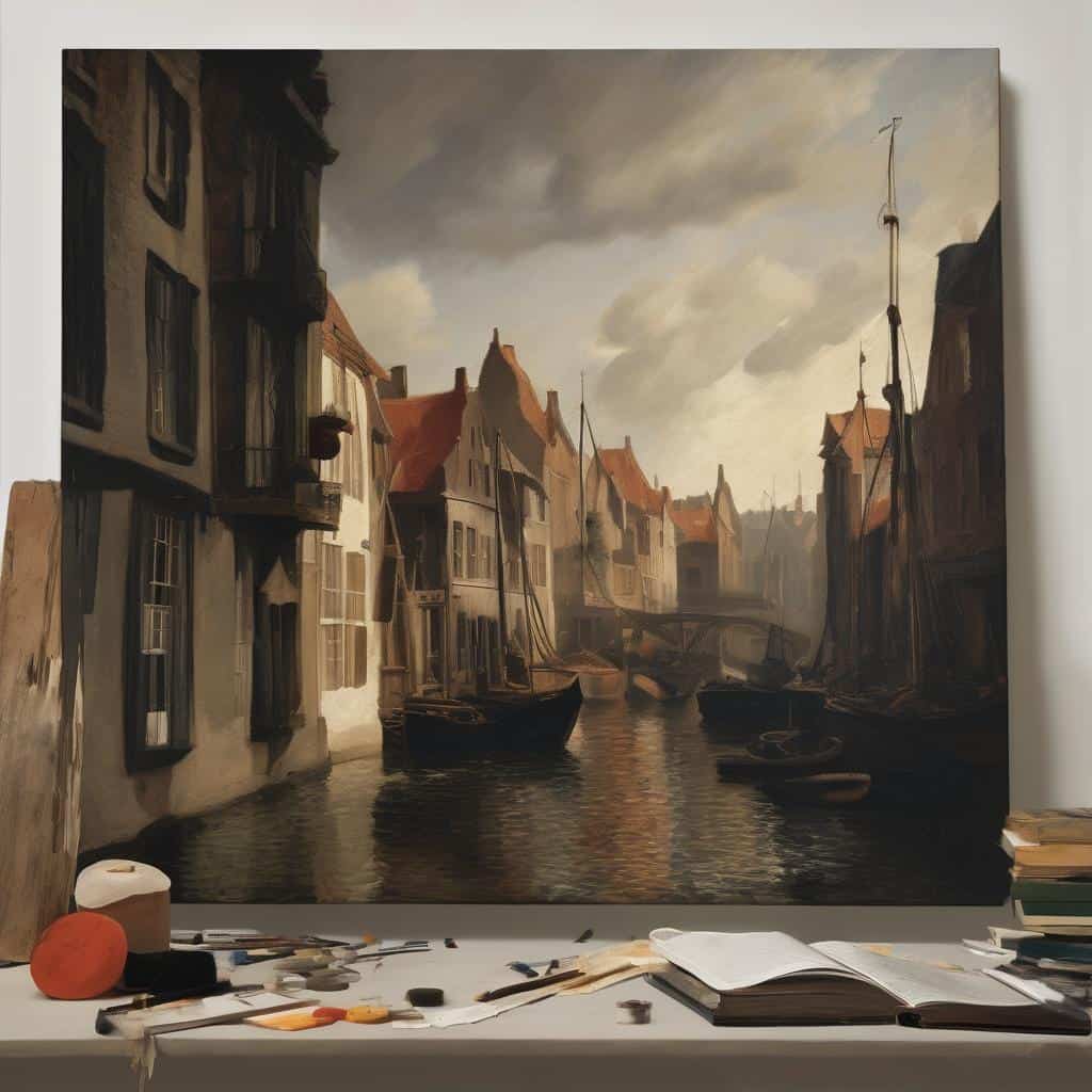 Ζωγραφιά σύγχροννης τέχνης με δημιουργική και καινοτόμο εικαστική προσέγγιση, γαλήνιο σκηνικό με παραδοσιακούς σπίτια και κανάλι.