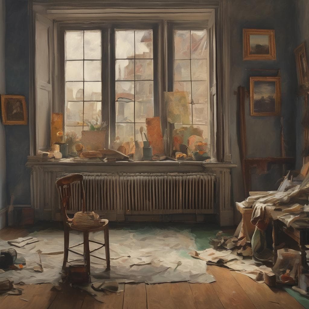 Φωτογραφία εσωτερικού χώρου καλλιτεχνικού εργαστηρίου με δημιουργία και καινοτομία στη σύγχρονη τέχνη, με διάφορα έργα τέχνης και υλικά.